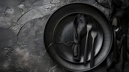 Poster - Black plate cutlery and napkin on stone table top view Table setting : Generative AI