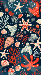 Wall Mural - Colorful pattern with starfish, coral, and shell on dark blue background