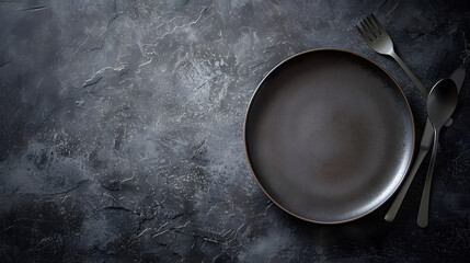 Aufkleber - Empty ceramic round plate on dark textured concrete background Cutlery preparation for dinner : Generative AI