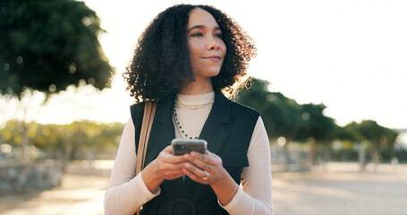 Canvas Print - Outdoor, thinking and business woman with smartphone for chat, social media or track location of taxi. After work, female journalist and cellphone for typing, networking and text message with smile