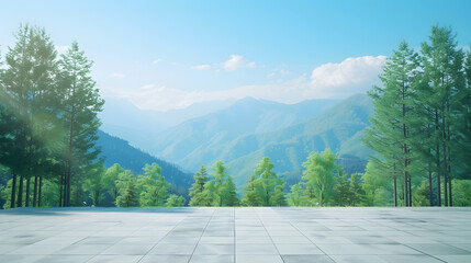 Poster - Empty square floor and green forest with mountain scenery under blue sky : Generative AI