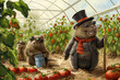 A cheerful illustration of moles stealing tomatoes in a greenhouse, a mole wearing sunglasses, a top hat and a red scarf, a postcard about agriculture and a local farm during the harvest.