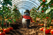 3D illustration of a mole in a greenhouse, a mole dressed in sunglasses, a bowler hat and a red scarf, checking the tomato harvest, a postcard about agriculture and local farm