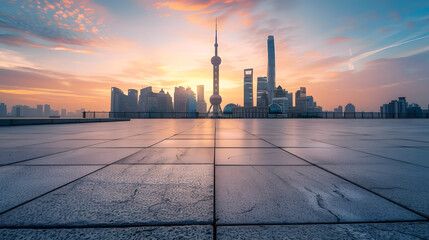 Wall Mural - Empty square floors and bridge with city skyline at sunset in Shanghai China : Generative AI
