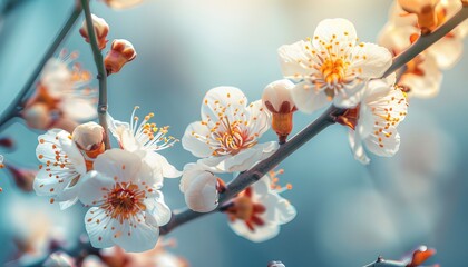 Wall Mural - A close-up shot capturing the delicate details of white spring flowers blossoming on a branch in soft light