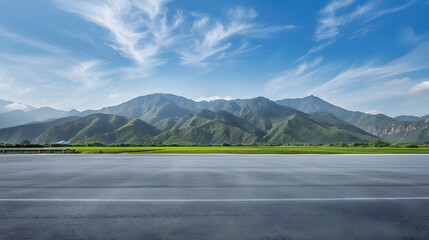 Poster - Empty asphalt road and green mountain nature landscape under blue sky Road and mountains background : Generative AI