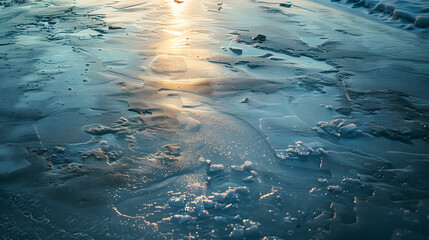 Poster - The surface of the ice river with traces of shoes : Generative AI