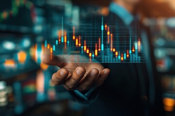 A person's hand interacting with a holographic display of a financial chart, depicting stock market trends in a futuristic setting..