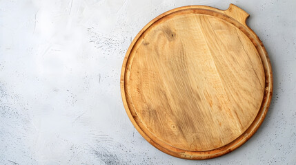 Aufkleber - Empty wooden round board on white stone kitchen table top view flat lay Wooden pizza platter copy space : Generative AI