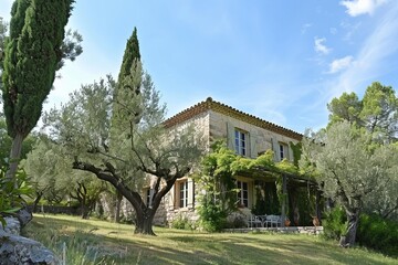 A picturesque stone house nestled among olive trees under a clear blue sky, radiating a sense of rustic charm