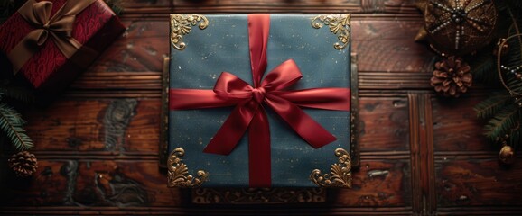 Wall Mural - Blue Gift Box With Red Ribbon On Wooden Background With Copy Space, Birthday Background