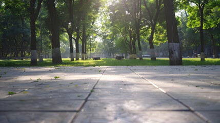 Poster - Empty square floor and green forest in the city park : Generative AI
