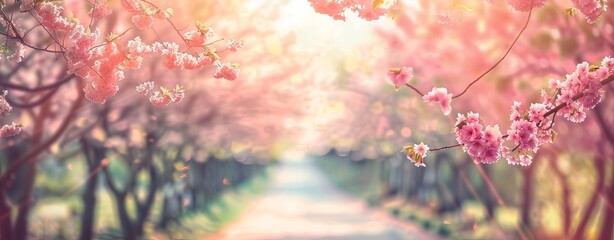 Poster - A captivating view of a path lined with blooming cherry blossoms under a dreamy pastel sky, imbued with a sense of renewal and beauty