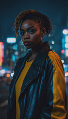 Canvas Print - photo of beautiful adult african woman with casual wear standing posing for picture at night future city, generative AI