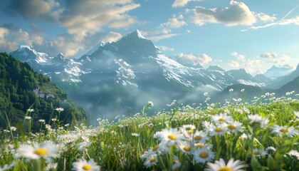 Poster - A vibrant mountain landscape in spring, with daisies covering the meadows and snowy peaks in the background