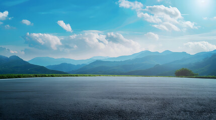 Poster - Empty asphalt road and green mountain nature landscape under blue sky Road and mountains background : Generative AI