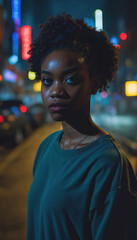 Poster - photo of beautiful adult african woman with hood coat standing posing for picture at night future city, generative AI