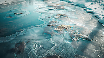Poster - The surface of the ice river with traces of shoes : Generative AI