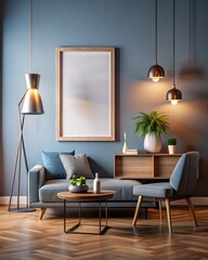 Poster - Interior of modern living room with blue walls, wooden floor, comfortable gray sofa and coffee table. Vertical mock up poster frame.