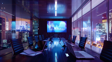 Fototapete - Modern Empty Meeting Room with Big Conference Table with Various Documents and Laptop on it Wall TV Showing Companys Growth Statistics Graphs and Pie Charts Late Evening or Night City  : Generative AI