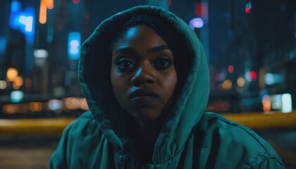 photo of beautiful adult african woman with hood coat standing posing for picture at night future city, generative AI