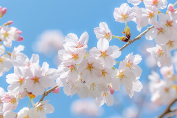 Poster - A branch of white flowers with blue sky in the background