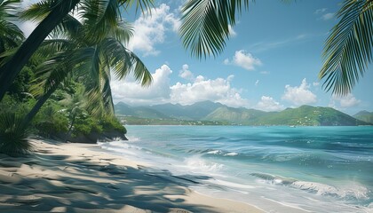 Poster - A serene beach with fine golden sand is framed by lush palm trees and overlooks a tranquil clear blue ocean, evoking feelings of relaxation and natural beauty