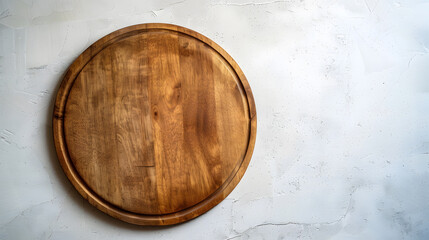 Aufkleber - Empty wooden round board on white stone kitchen table top view flat lay Wooden pizza platter copy space : Generative AI