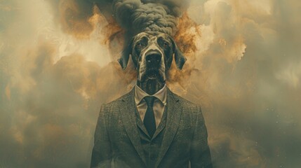 Wall Mural - A man in a suit and tie is standing in front of a cloud of smoke