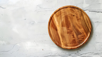 Poster - Empty wooden round board on white stone kitchen table top view flat lay Wooden pizza platter copy space : Generative AI