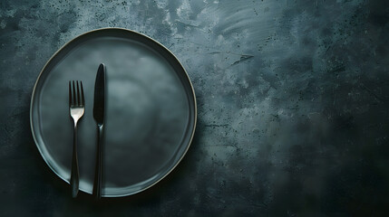 Aufkleber - Empty ceramic plate on dark textured concrete background Cutlery on the kitchen table : Generative AI