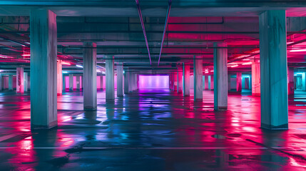 Poster - Abstract empty parking interior with concrete pillars and neon lights modern architecture background photo : Generative AI