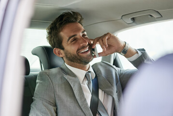 Wall Mural - PR manager, phone call and smile in car seat for audio conversation, funny joke or good news in city. Business person, happy and laugh with cellular mobile for professional talk discussion on trip