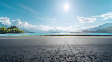 Poster - Empty asphalt road near the lake under blue sky : Generative AI