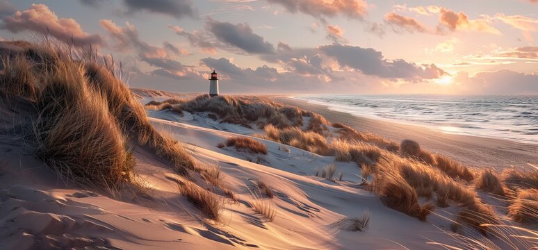 A tranquil scene of a sandy beach with tall grass, a lighthouse in the distance, and a warm sunset over the horizon