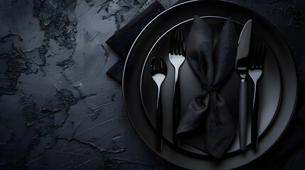 Poster - Black plate cutlery and napkin on stone table top view Table setting : Generative AI
