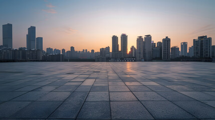 Poster - Empty square floor and modern city skyline with buildings at sunset in Ningbo Zhejiang Province China : Generative AI