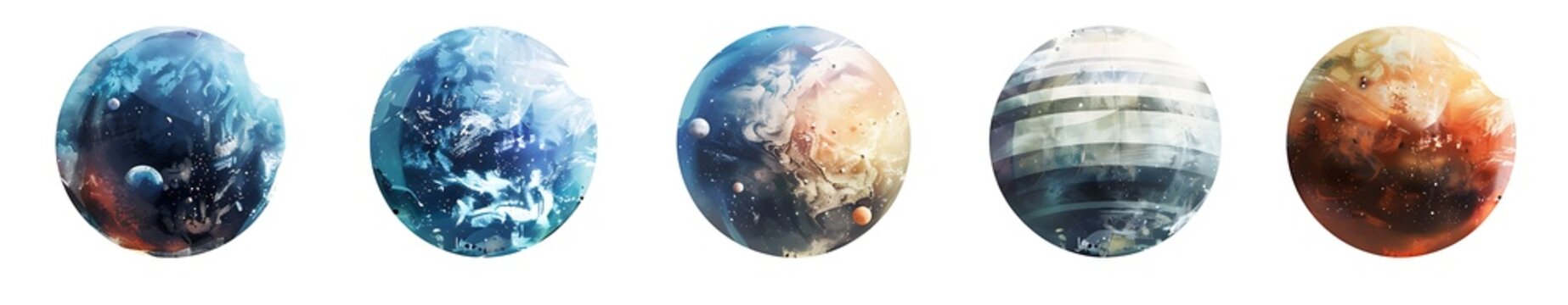5 planets, isolated on a white background, in the style of fantasy, fantasy planet concept art, in the style of fantasy, 2d game design