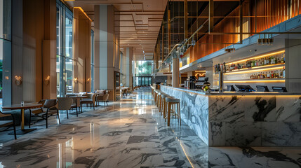 Leinwandbilder - Light wooden and marble tile floor interior of modern cafe with double ceiling height Lobby bar in luxury design hotel hall with second split level : Generative AI