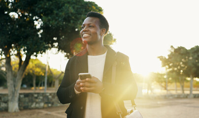 Poster - Business, black man and walking on phone outdoor for morning commute, work travel and happy for sunlight. Professional, employee and smartphone with typing, text message and notification for journey