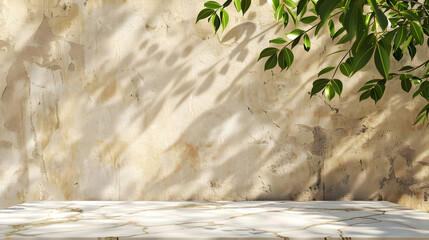 Aufkleber - Minimal empty white marble stone counter table top green tree in sunlight leaf shadow on beige brown stucco cement wall : Generative AI