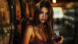 pretty young woman with wine, young woman with wine in the vinery, pretty woman drinking wine