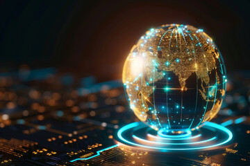 Neon blue and gold globe, world economic and financial concept