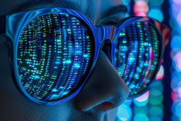 Data reflecting on eyeglasses on woman's face. Computer programmer big data and ux designer concept