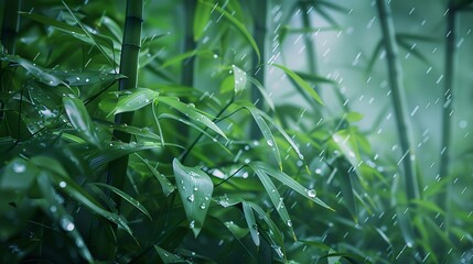 Wall Mural - a dense undergrowth in a bamboo forest, moments after a rainfall