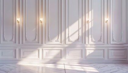 Wall Mural - A minimalist white interior wall with decorative moldings is illuminated by soft sunlight entering through a window