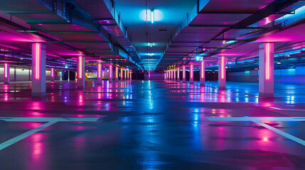 Poster - Empty underground car parking lot inEurope Wideangle view neon lights no people : Generative AI