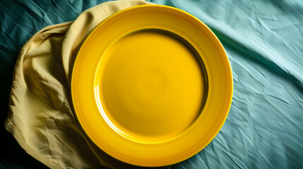 Aufkleber - Top view on colored background empty round yellow plate on tablecloth for food Empty dish on napkin with space for your design : Generative AI