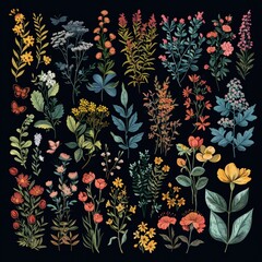 set of variety leaf designs and flowers, in the style of dark blue and pink, simple, colorful illust