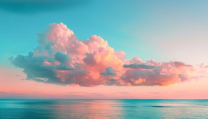 Canvas Print - Ethereal scene of fluffy pink clouds floating above a tranquil, serene ocean during sunset or sunrise